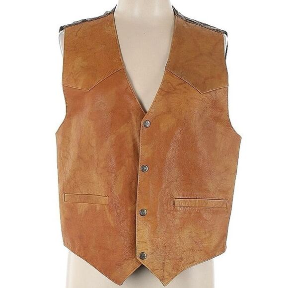 Vintage Tan Brown Real Genuine Leather Gilet Vest Waistcoat Men's Button Front - Picture 1 of 10
